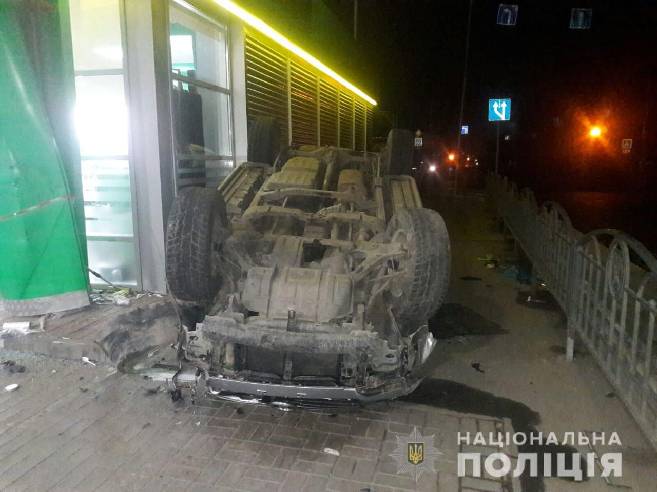 В Харкові вночі автівка в’їхала в паркан АЗС і перекинулася (фото)
