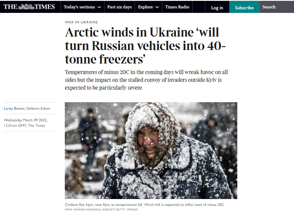 Мороз замедлит продвижение русских танков под Киевом и Харьковом — The Times