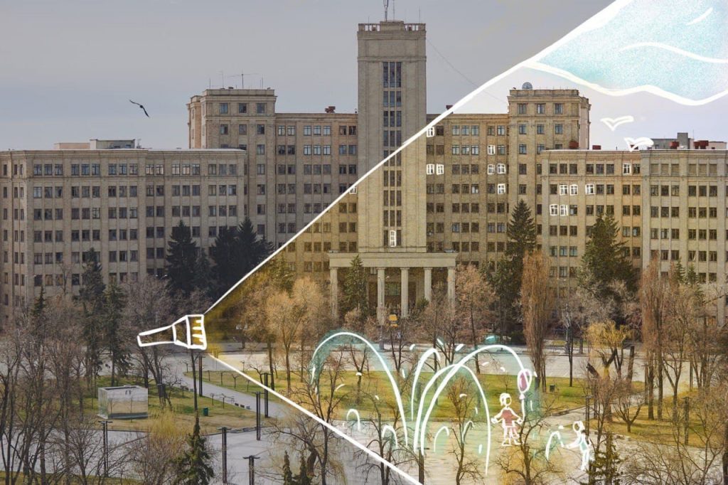 Каразинский университет показал фотографии разрушенных зданий вуза, на которые добавили рисунки мирной жизни