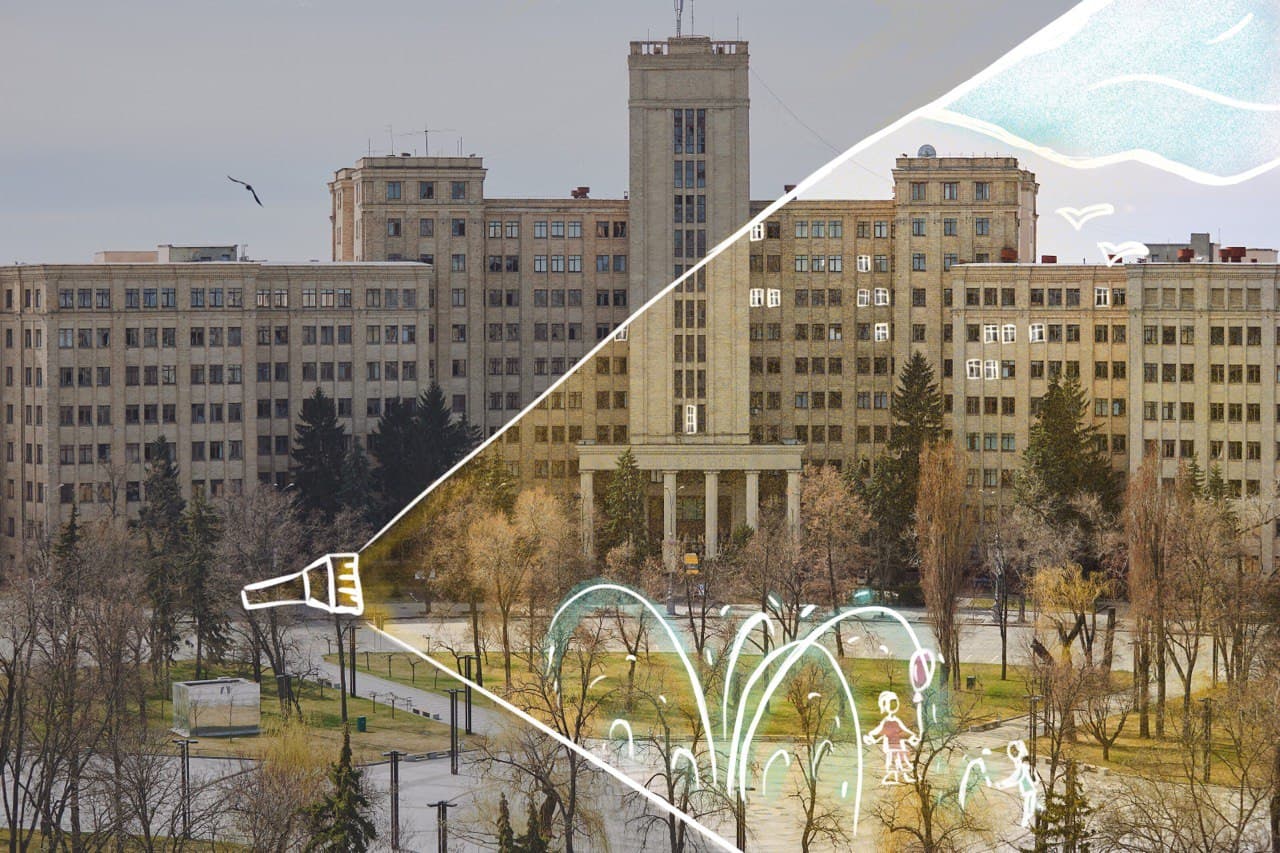 Каразинский университет показал фотографии разрушенных зданий вуза, на которые добавили рисунки мирной жизни