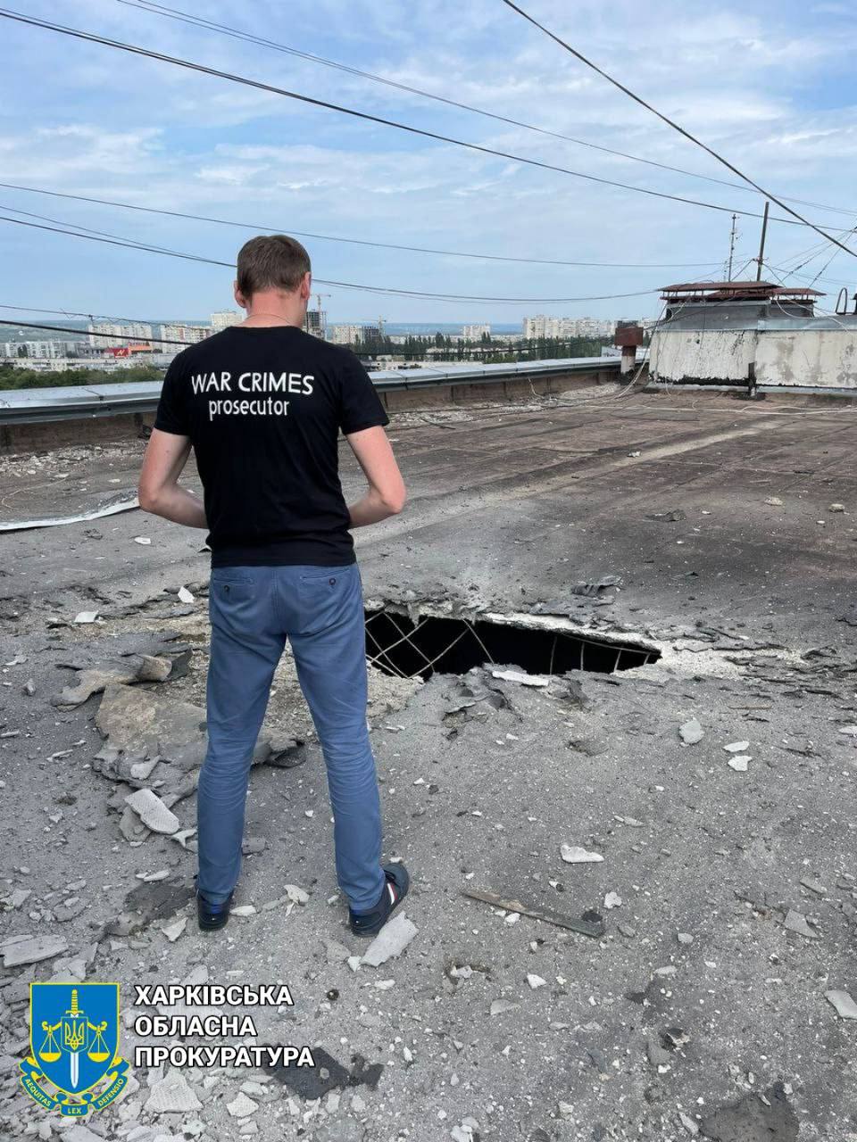 A hole in the roof of a nine-story building in Kharkov from a Russian bullet