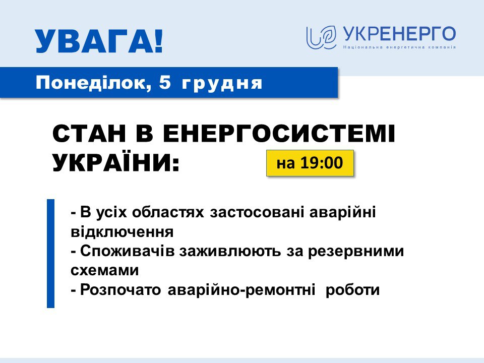 Аварійні відключення світла застосовані в усіх областях України – Укренерго