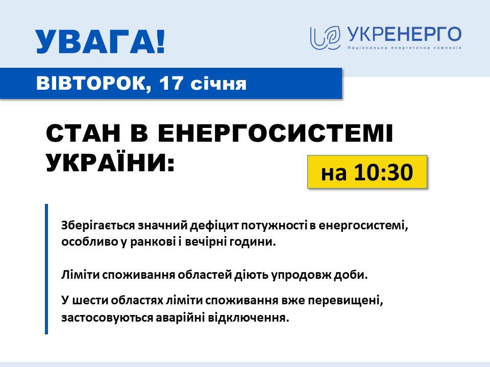 У шести областях України – аварійні відключення світла – Укренерго