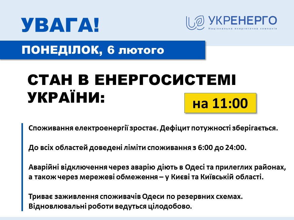 Информация Укрэнерго на 7 февраля  2023 года