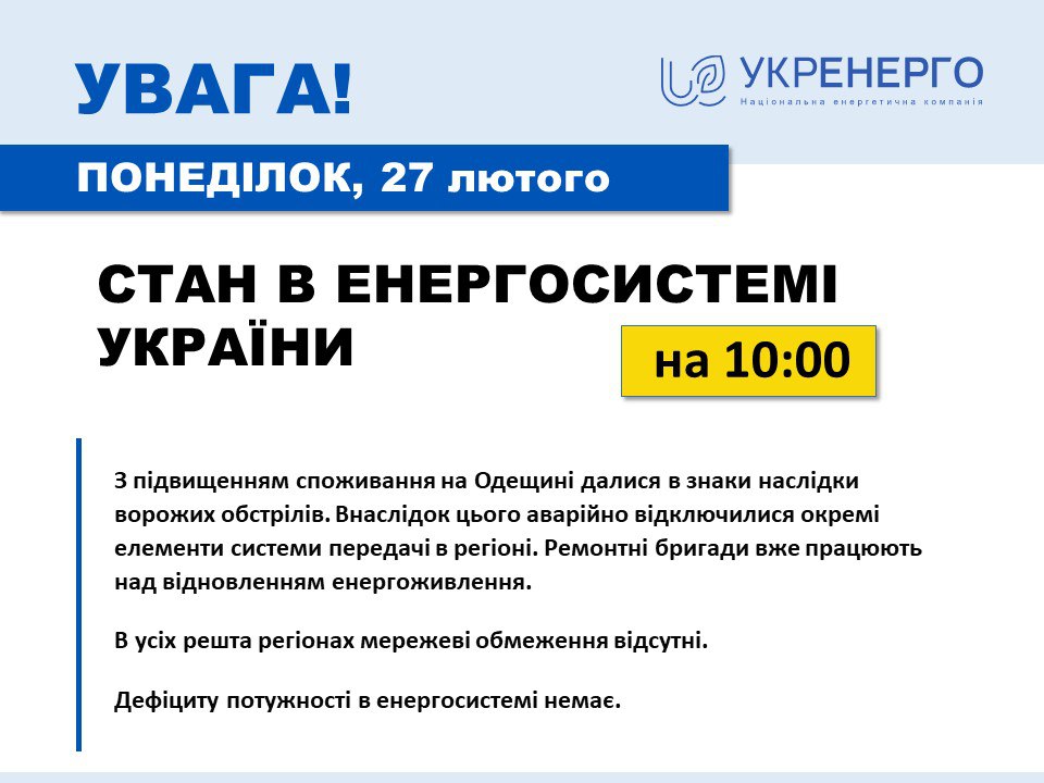 Укренерго: На Харківшині відсутні мережеві обмеження електроенергії