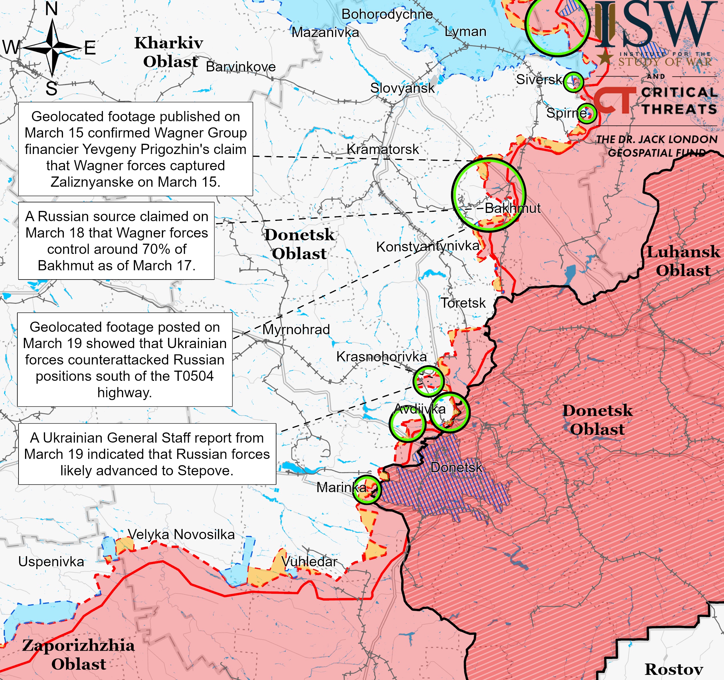 Донецька область, лінія фронту 19 березня ISW