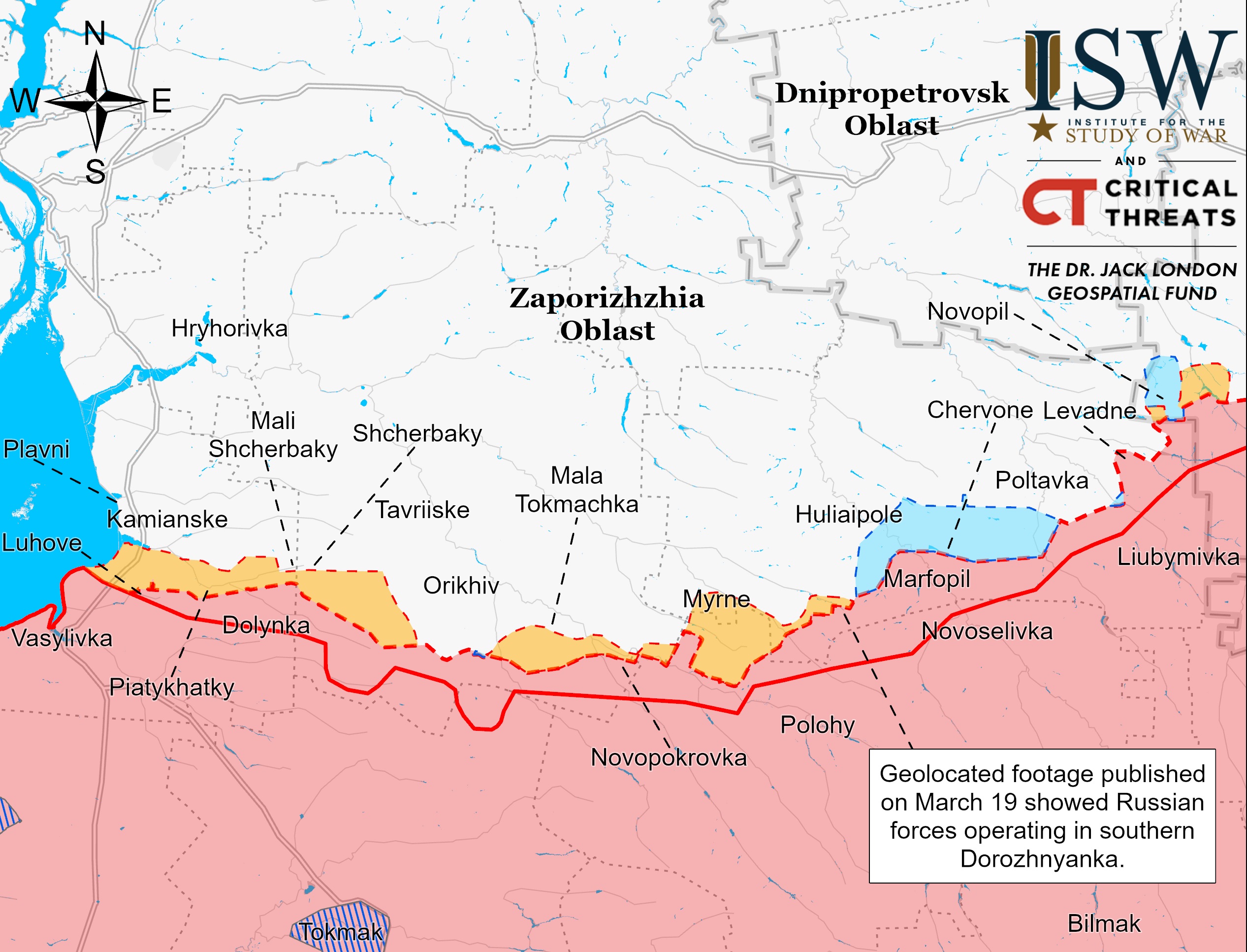 Запорожская область, линия фронта 19 марта ISW
