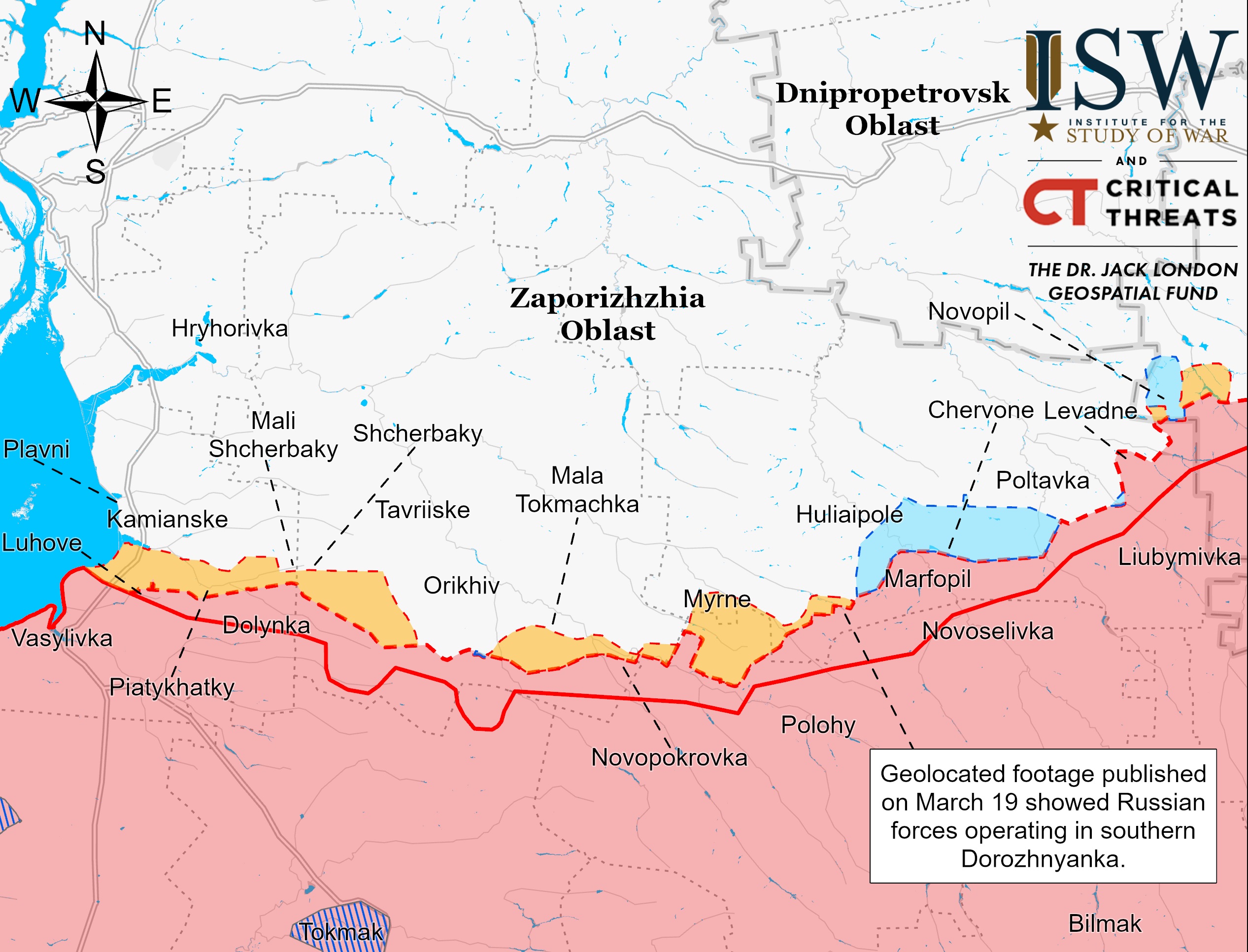 Запорізька область, лінія фронту 19 березня ISW