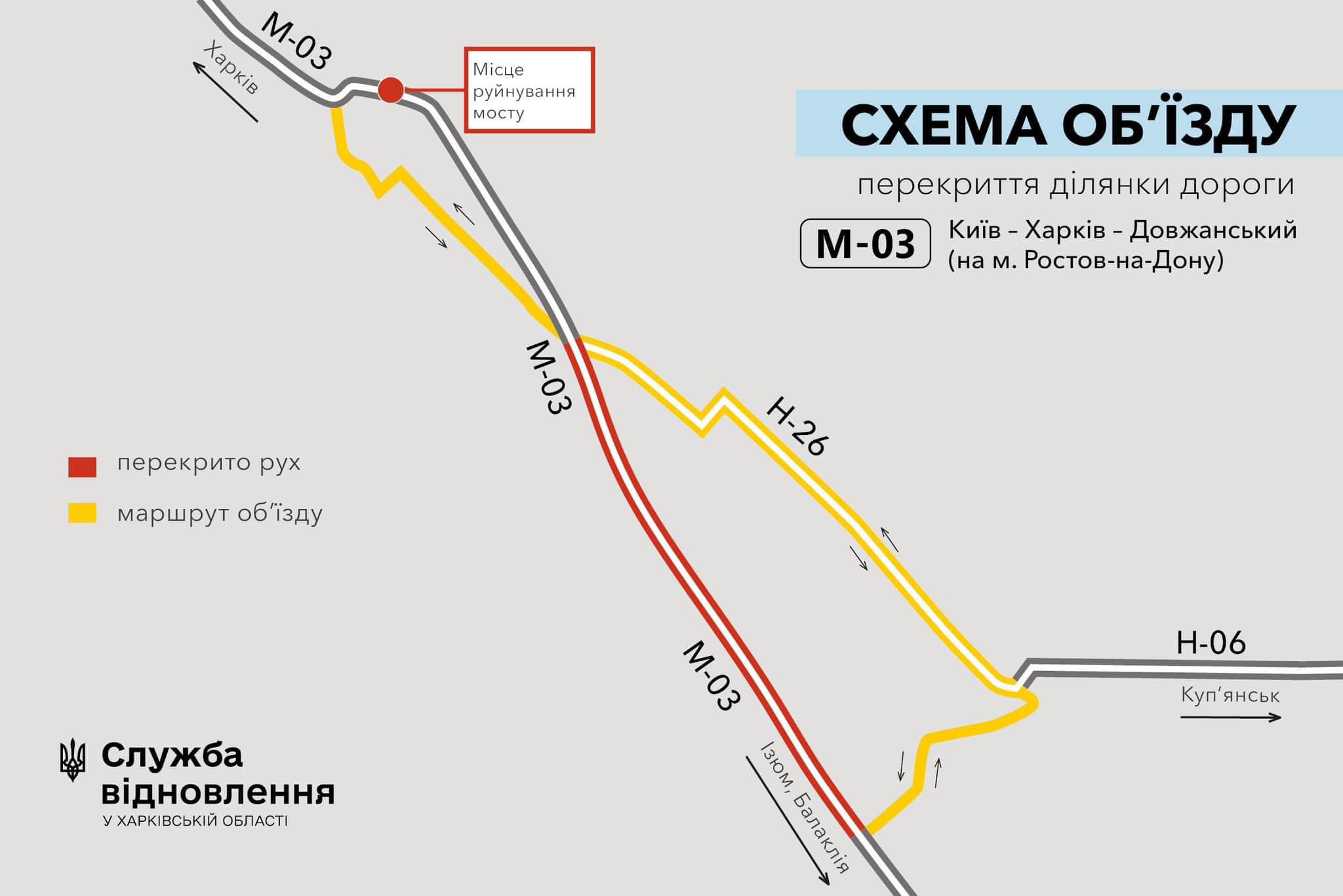 Схема объезда перекрытой трассы в Харьковской области от облавтодора