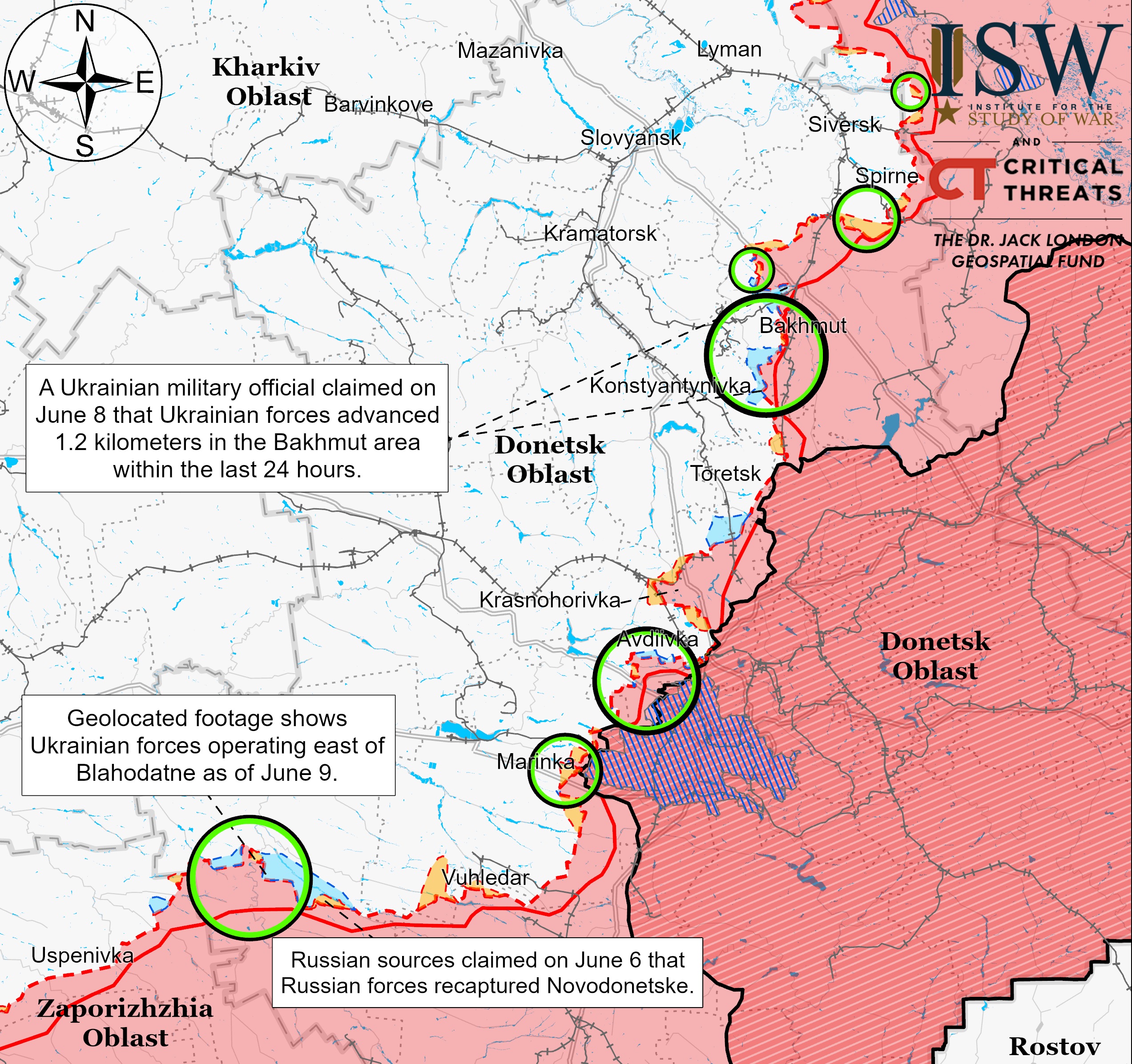 Донецкая область  на карте ISW 9 июня