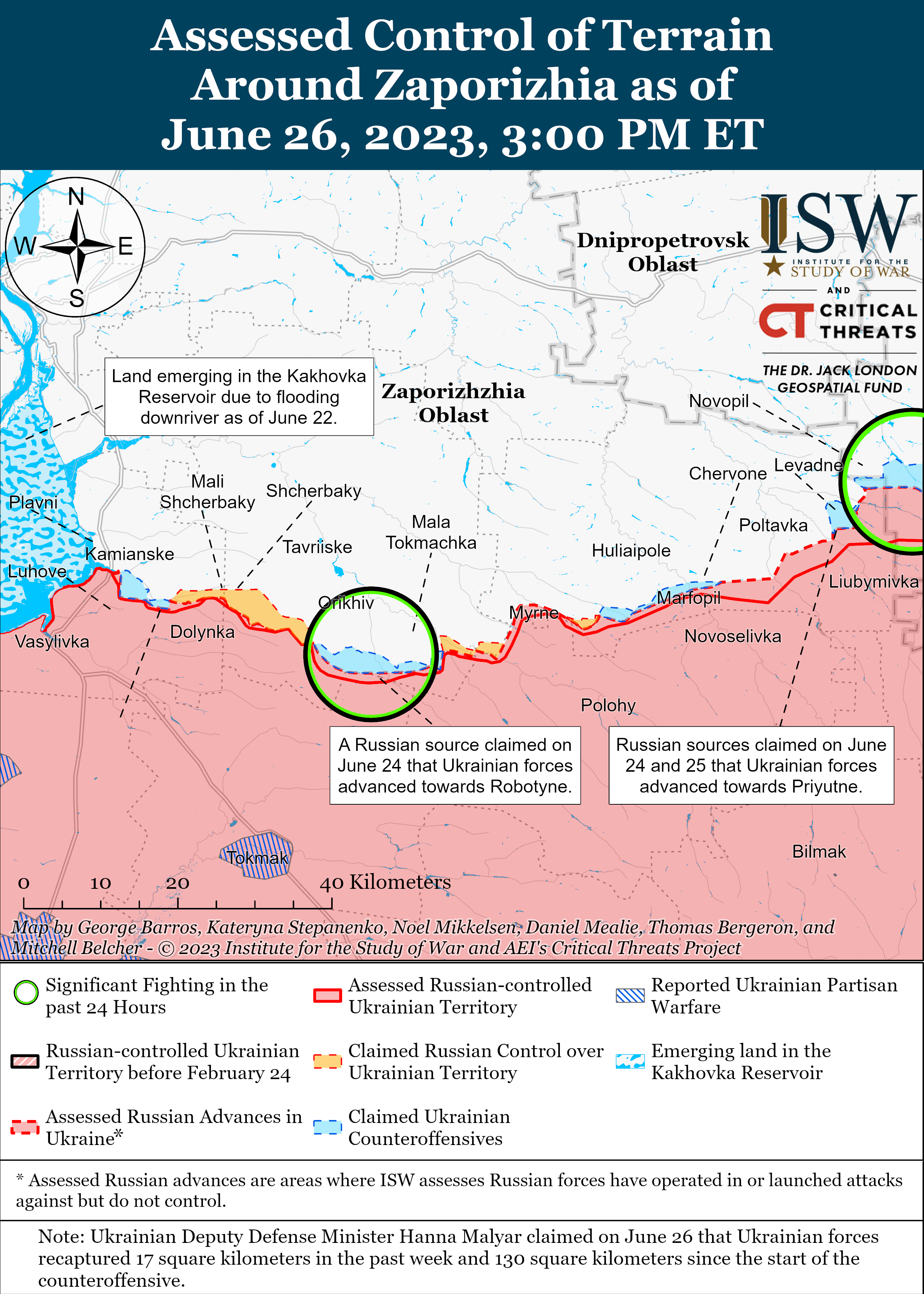 Карта фронта в Запорожской области от ISW