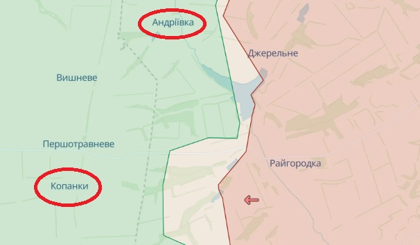 Андреевка и Копанки на карте DeepState 