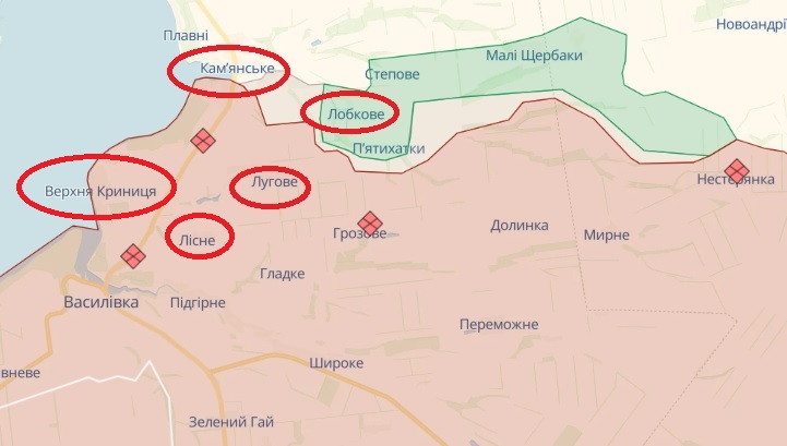 Каменское, Лобковое и Васильевка на карте DeepState