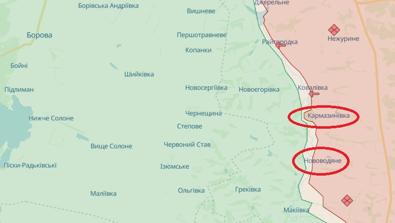 Нововодяне та Кармазанівка на карті DeepState