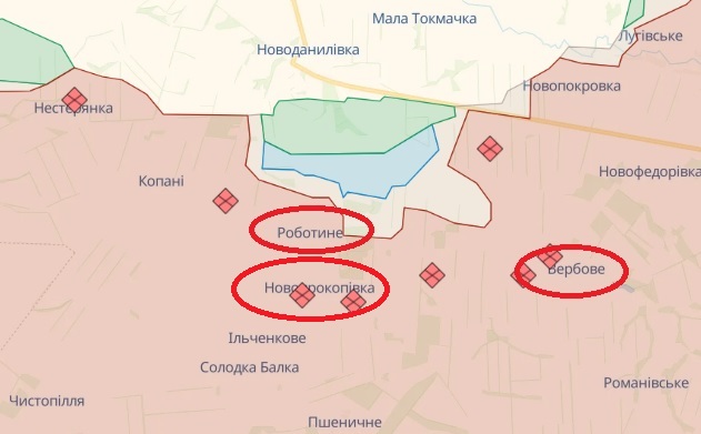 Роботине, Вербове та Новопрокопівка на карті DeepState