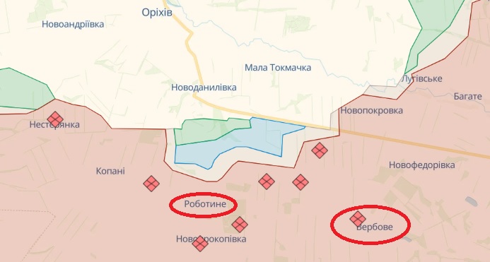Вербовое и Работино на карте DeepState