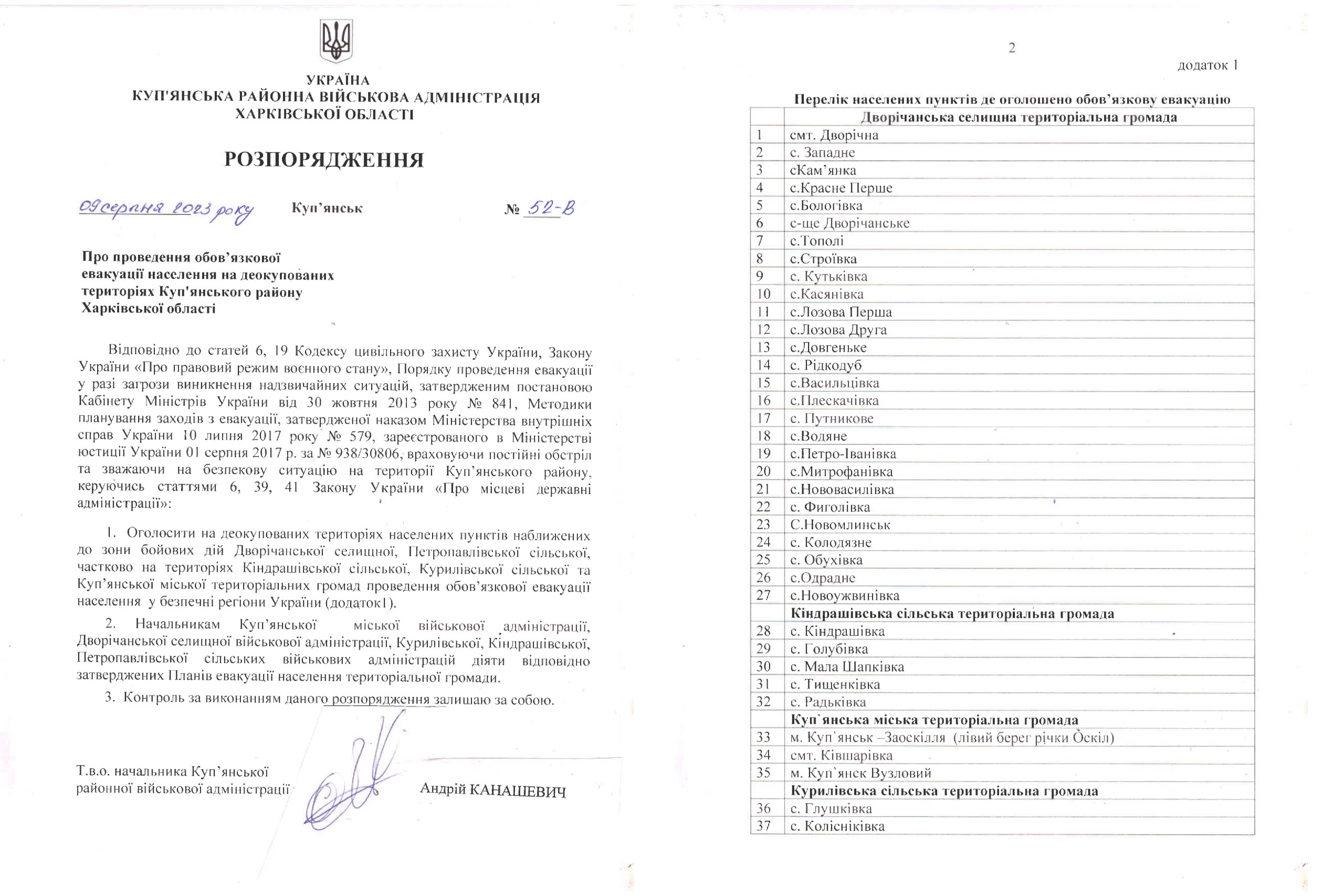 Распоряжение об эвакуации из Купянской громады - РВА