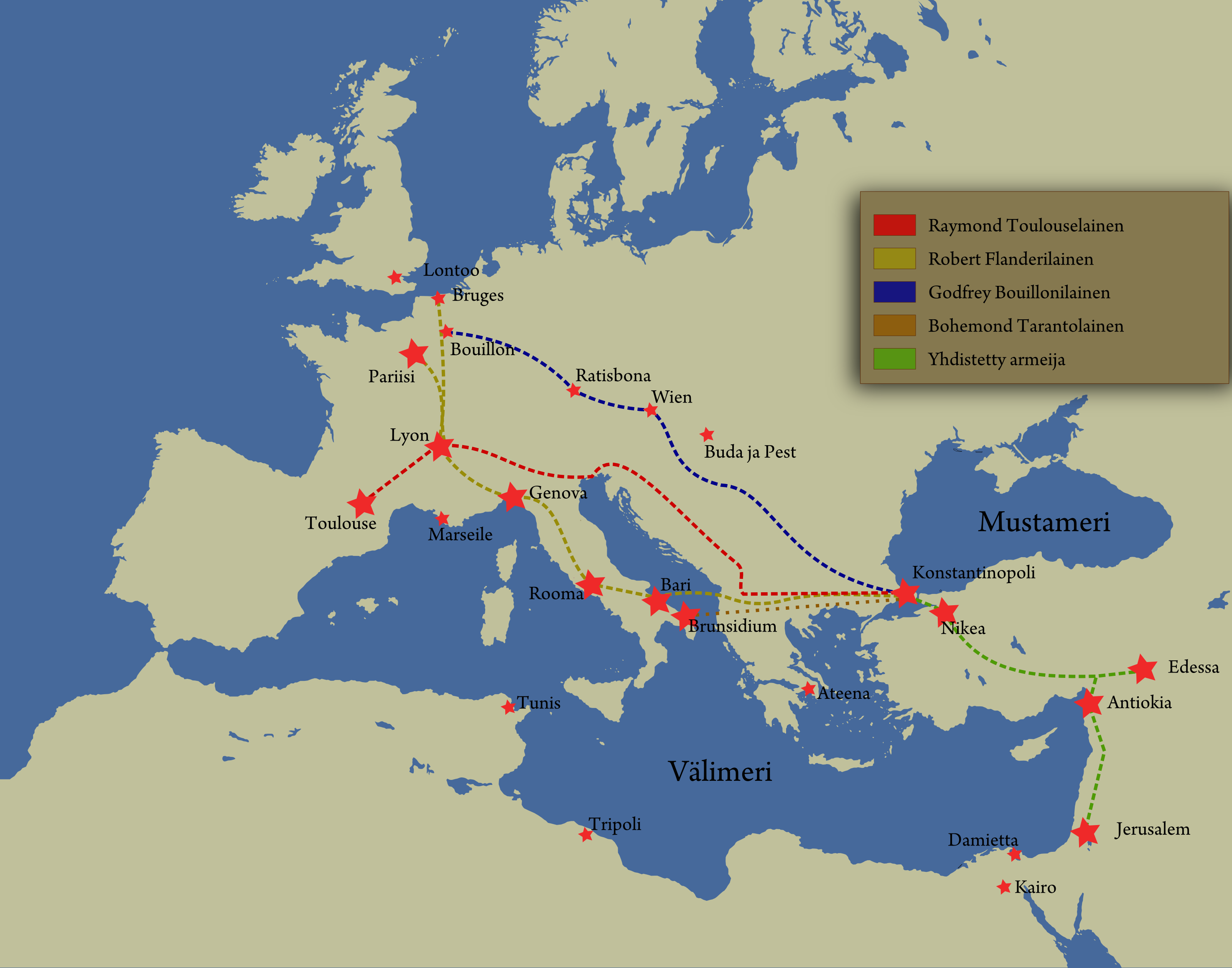 Карта Першого хрестового походу 1096 року