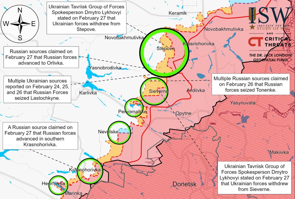 Сили РФ підтримують високий темп наступальних операцій під Авдіївкою – ISW