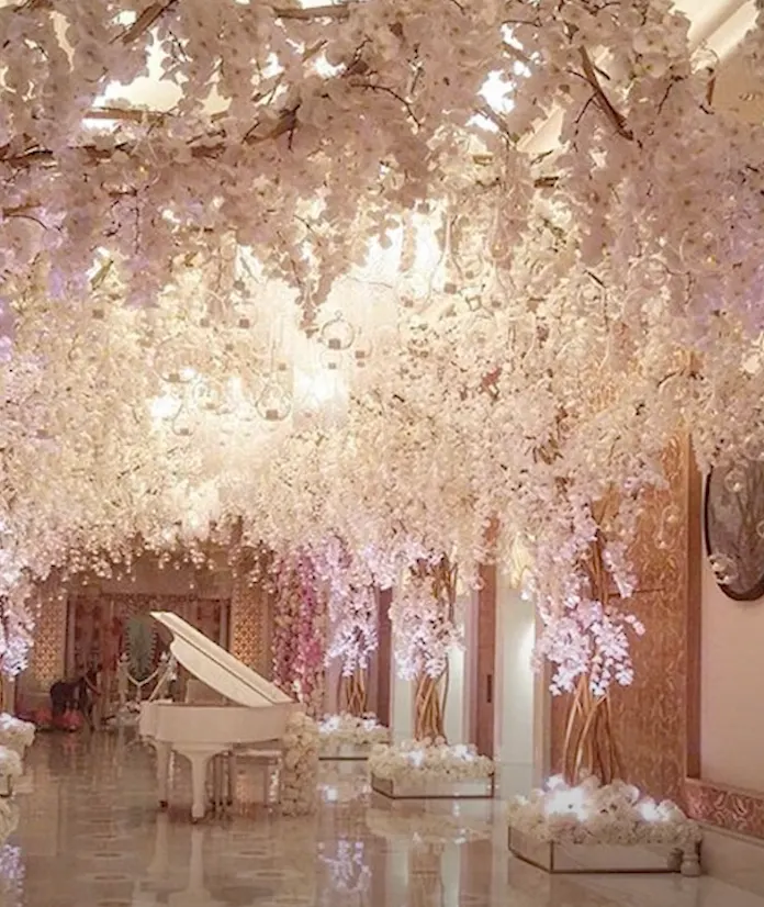 Роскошь Амбани: белый рояль стоит на «аллее» белых цветущих деревьев.Фото: Инстаграм