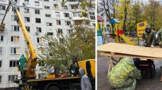 Коммунальщики уже забивают окна на месте прилета в Харькове (обновлено, фото)