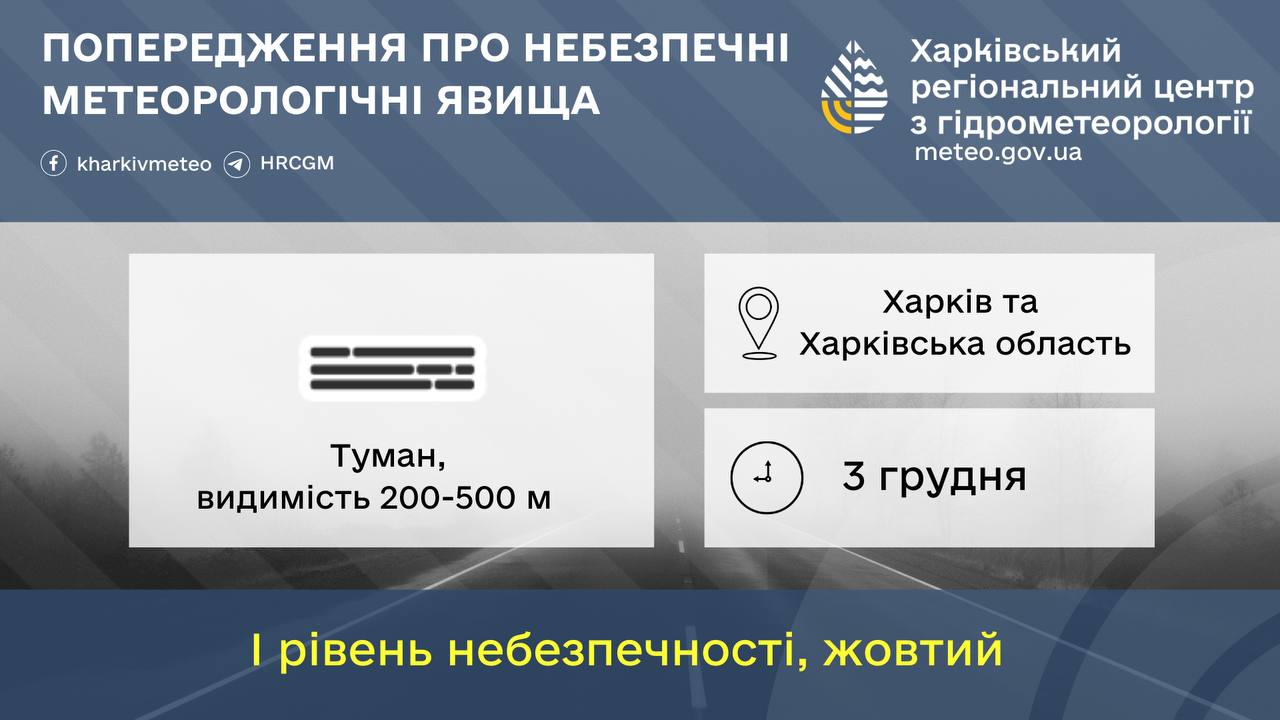 Через туман на Харківщині два дні поспіль оголошений перший рівень небезпеки