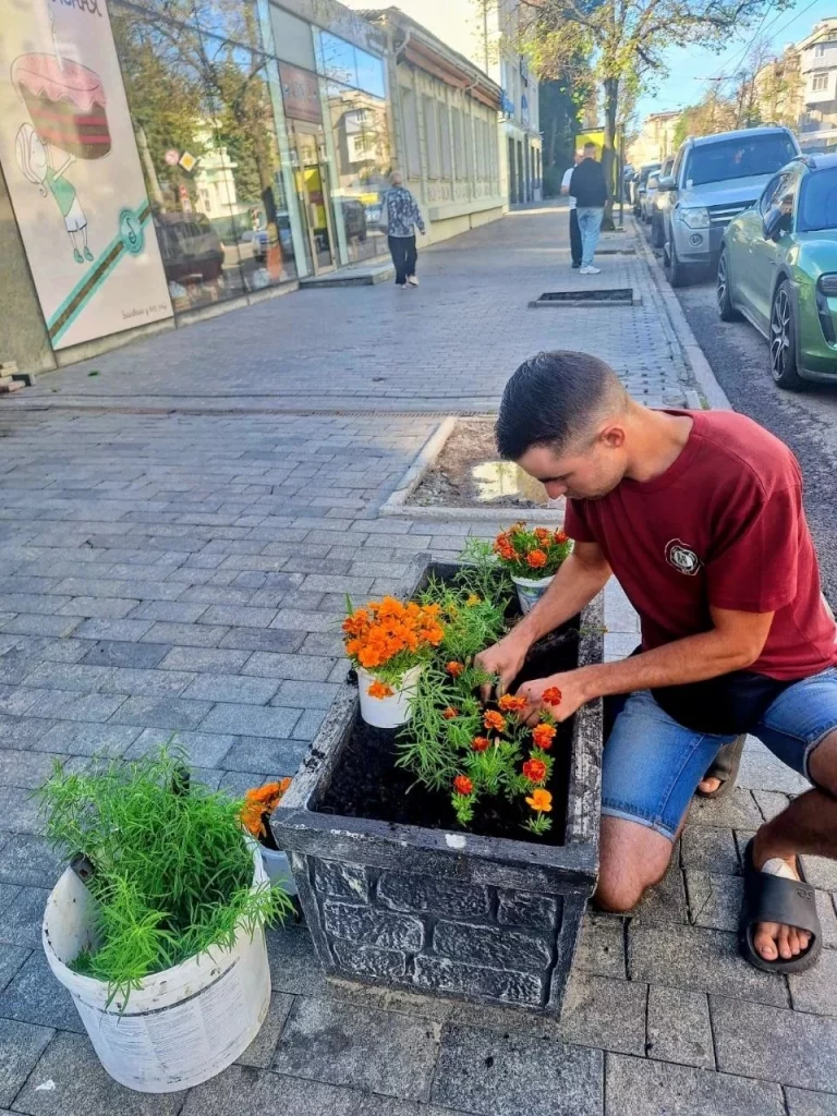 Высаживают цветы в Киевском районе