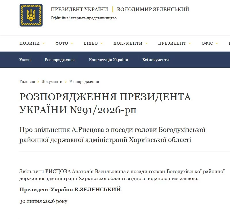 Зеленский уволил главу Боголуховской РГА