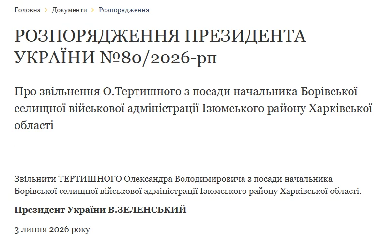 указ Зеленского об увольнении главы Боровской ПВА