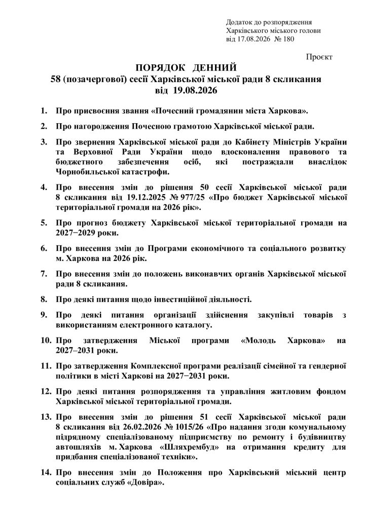 повестка дня на сессию в Харькове